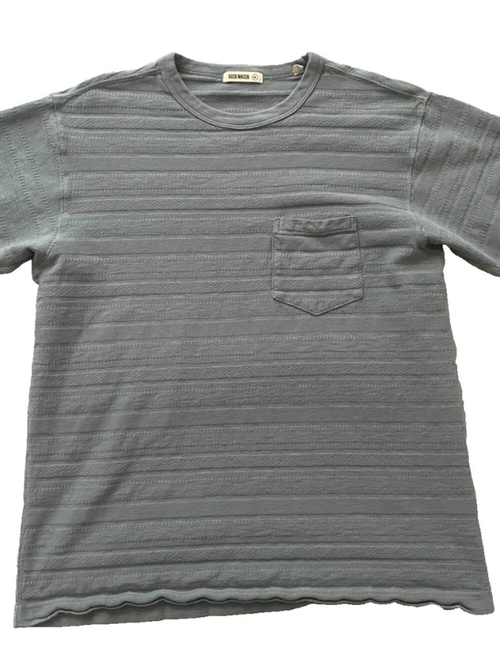 Buck Mason Slate Blue Drop Needle Ribbed Knit Pocket Tee Shirt